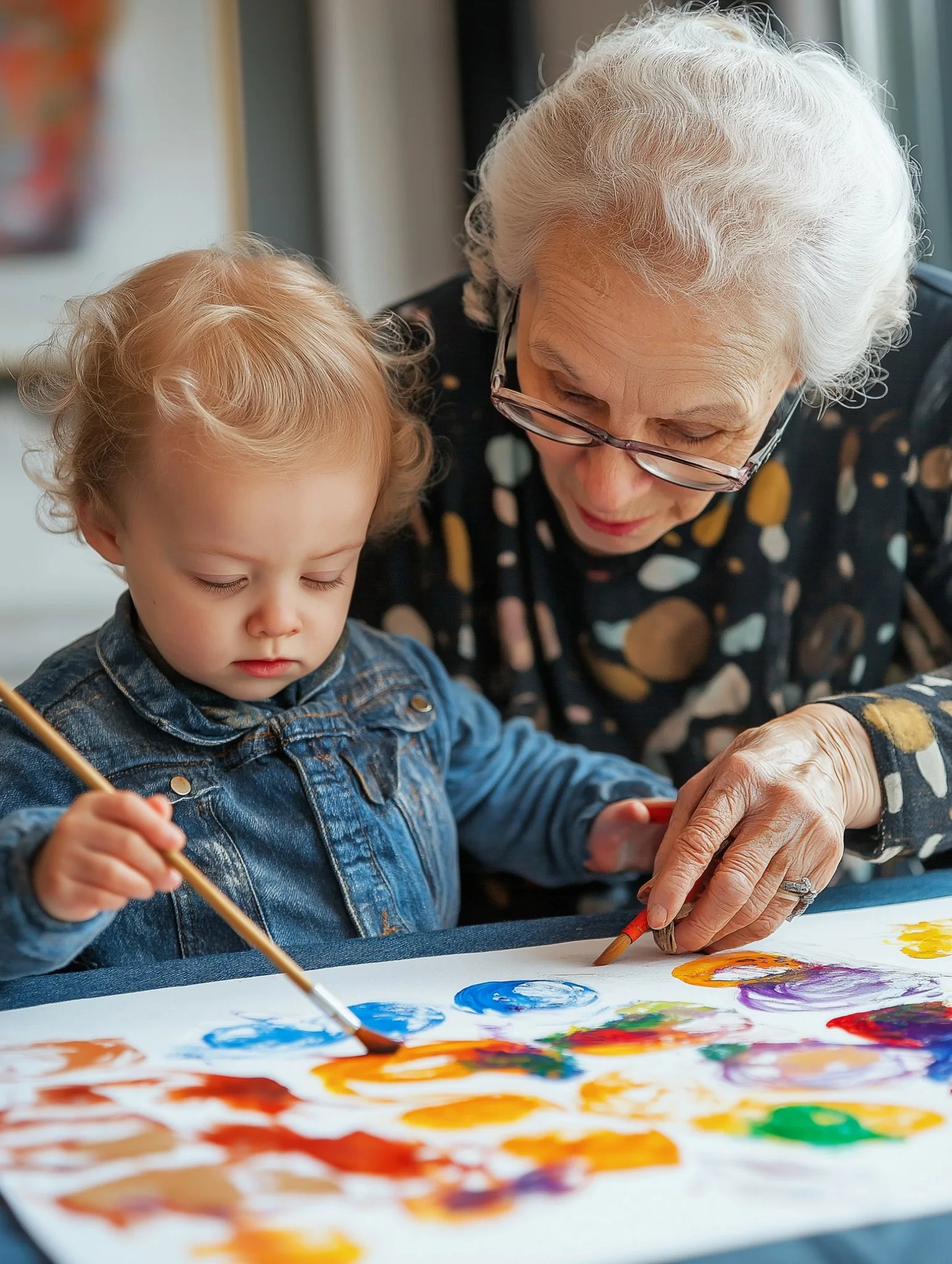 An older woman and young child painting together