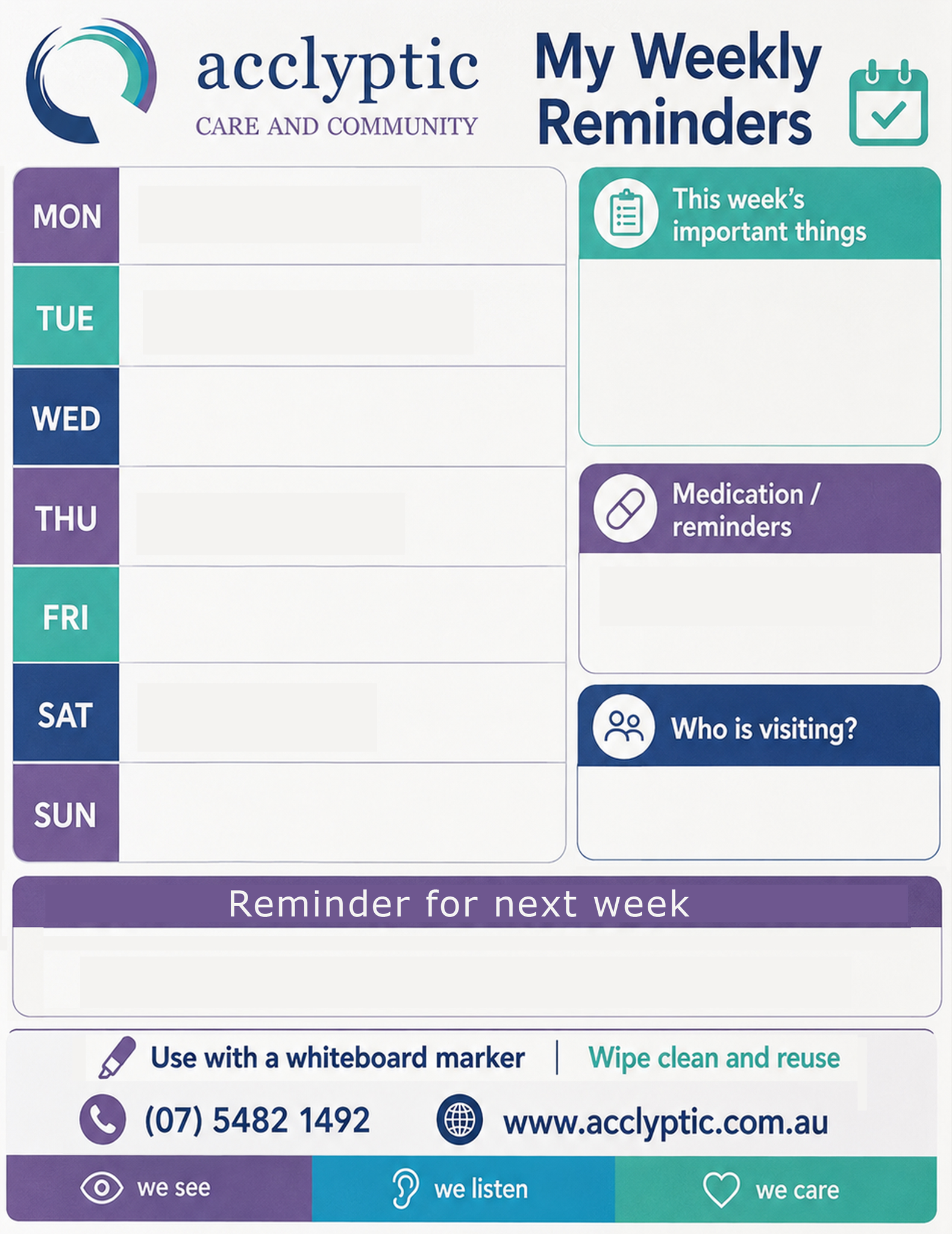 Acclyptic My Weekly Reminders reusable whiteboard with spaces for daily plans, important things, medication reminders and visitors
