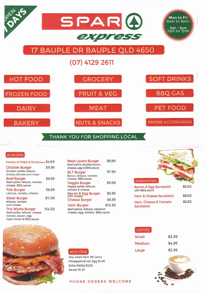 Preview of the SPAR Express Bauple menu shared with Acclyptic during the community visit